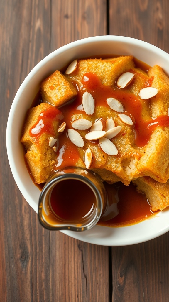 Bread pudding with amaretto sauce and almonds in a white bowl on a wooden table.